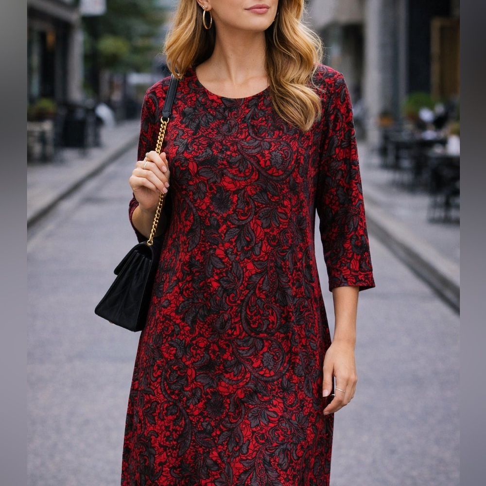 NWOT Soma Red Black Patterned Knit Dress Size Large 3/4 Sleeve Casual Chic